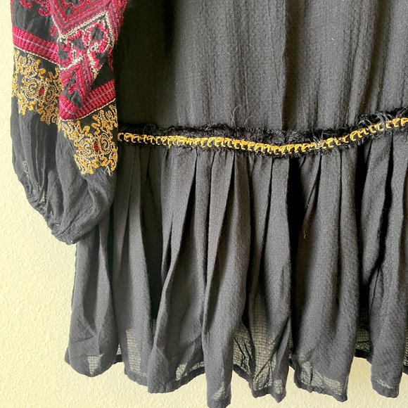 Free People Wild One Peasant Mini Dress Long Sleeve Embroidered Drop Waist Black - Picture 9 of 12
